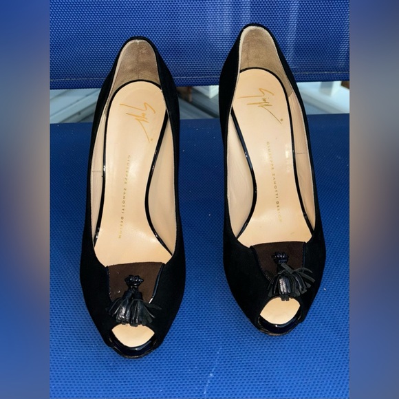 Vintage Giuseppe Zanotti Leather Peep Toe Mosaic Heels, Size 37.5 (US 7) - Picture 3 of 8